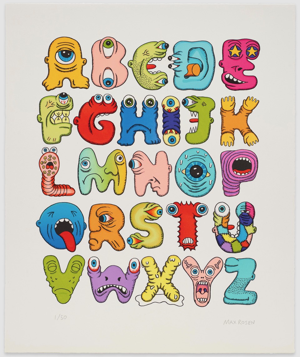 Defective Characters Lithograph — 44-color hand-printed alphabet on Arches watercolor paper, signed Max Rosen, edition 1/50