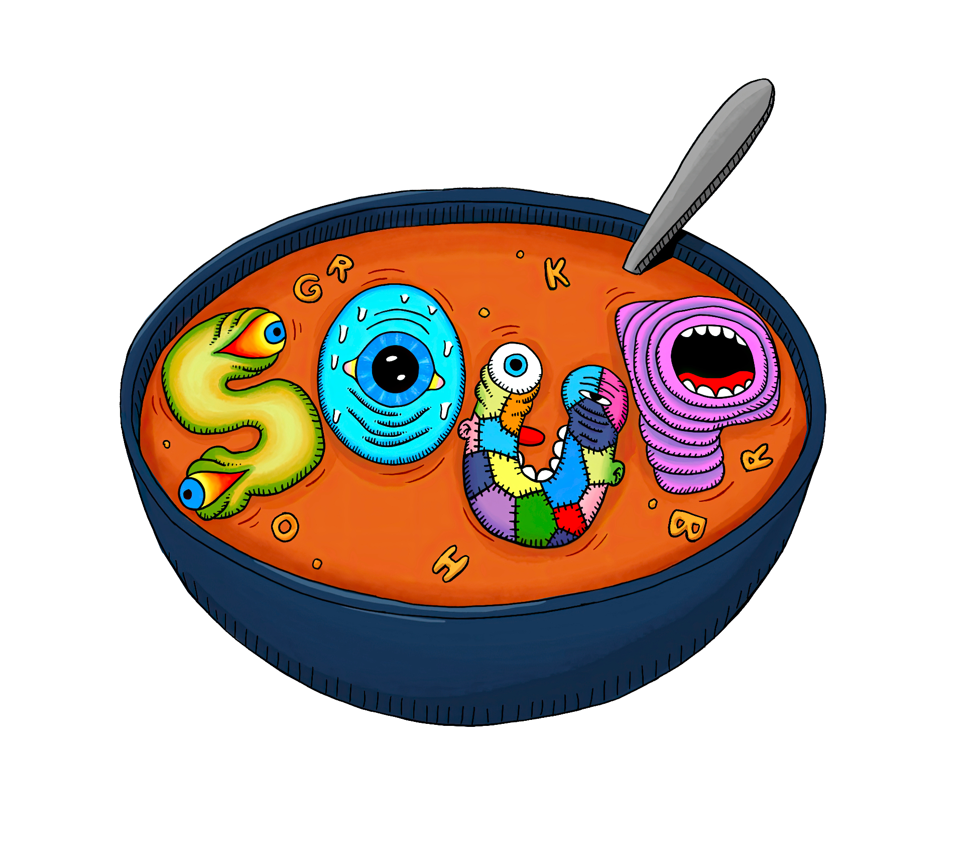 SOUP — illustration of a bowl of soup with SOUP-letter creatures and a spoon