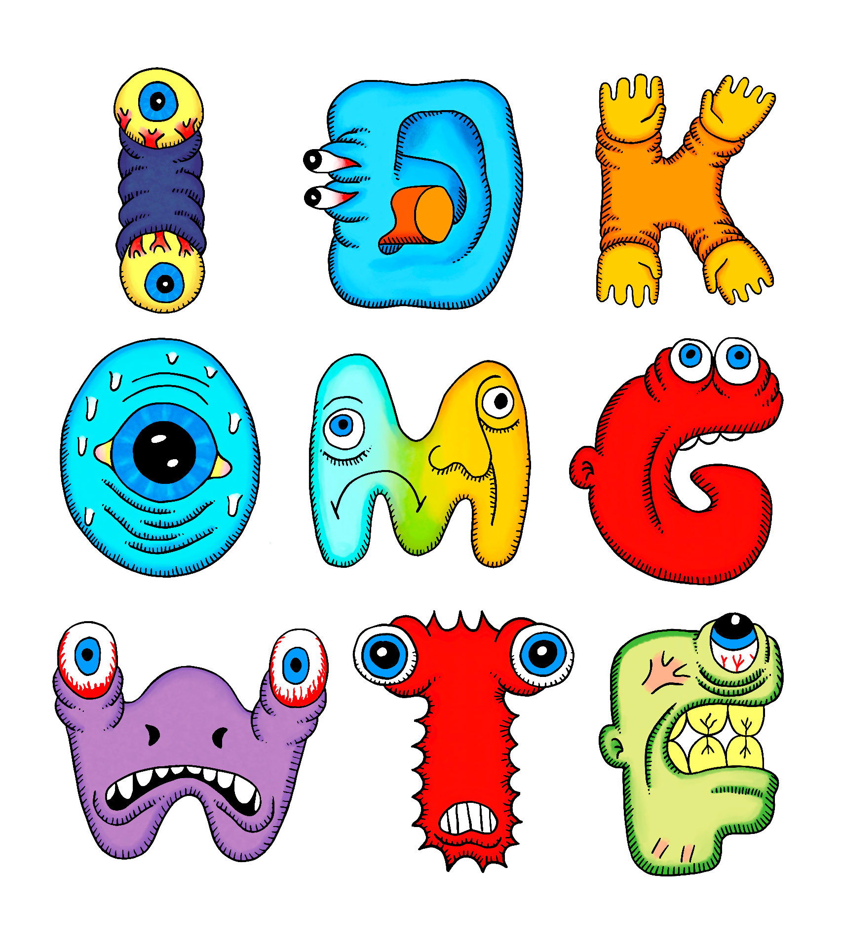 OMG WTF IDK — grid of colorful hand-drawn Defective Characters