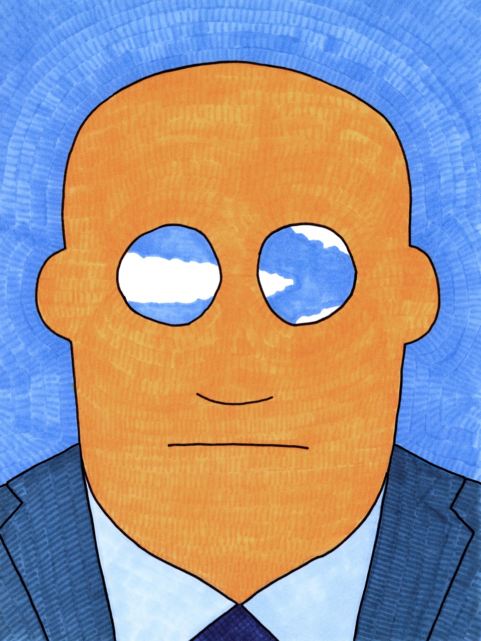 CEO — orange-faced figure in a suit with cloudy blue sky reflected in the eyes
